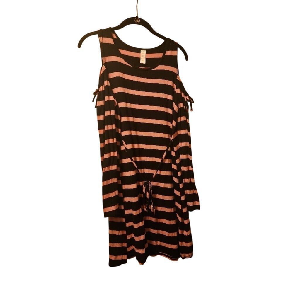 Justice Cold Shoulder Dress Girls 14/16 Plus Long Sleeve Striped Black Pink - Picture 2 of 2